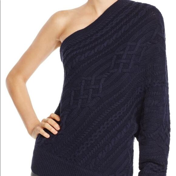 Joie One-Shoulder Navy Cable Knit Wool Sweater Small NWT - Picture 3 of 7